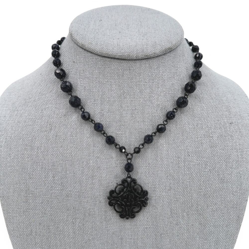 Carolee Necklace Black Beaded Choker Pendant Sparkly Faceted Beads